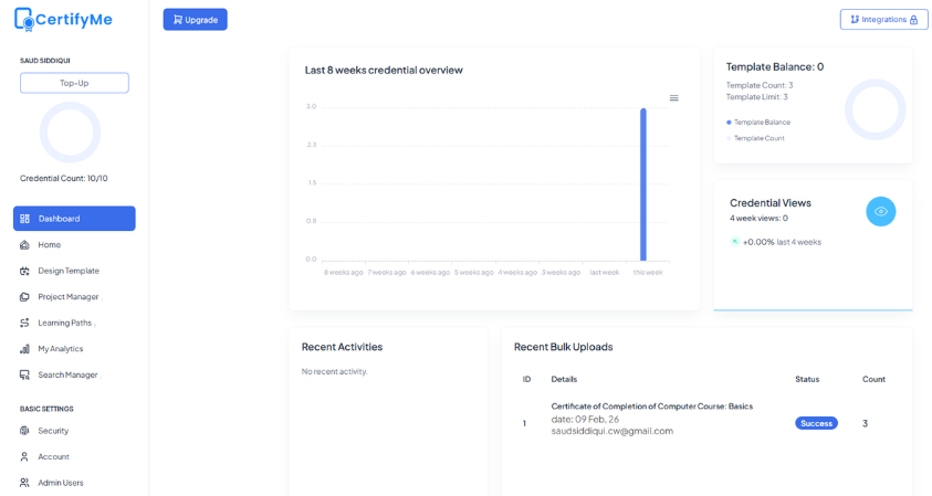 CertifyMe dashboard