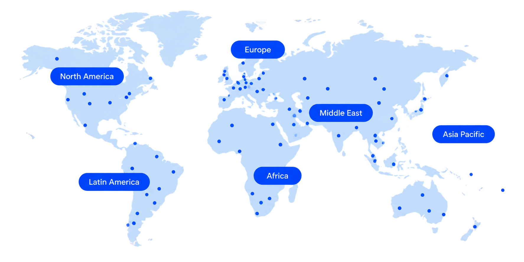 World map showing North America, Europe, Latin America, Africa, the Middle East and Asia Pacific