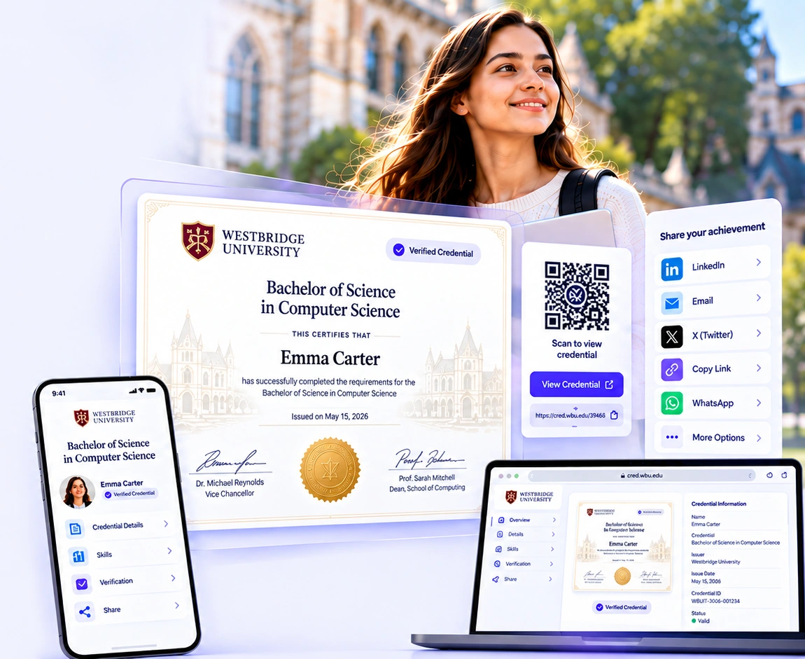 Conceptual digital credential experience shown as a certificate with QR access alongside a phone and laptop.