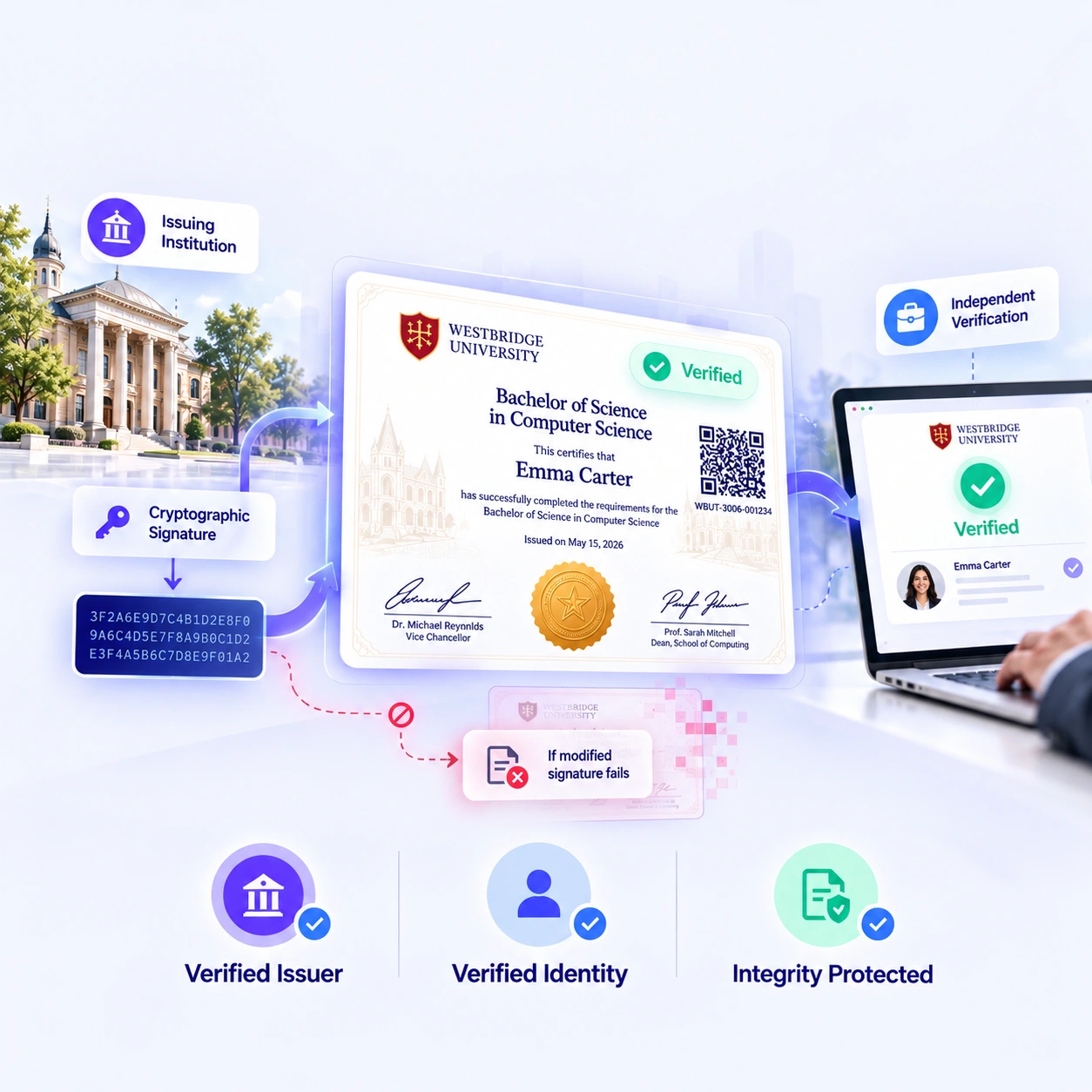 Conceptual credential verification diagram showing an issuing institution, cryptographic signature, verifier view and detection of changes to signed credential data.
