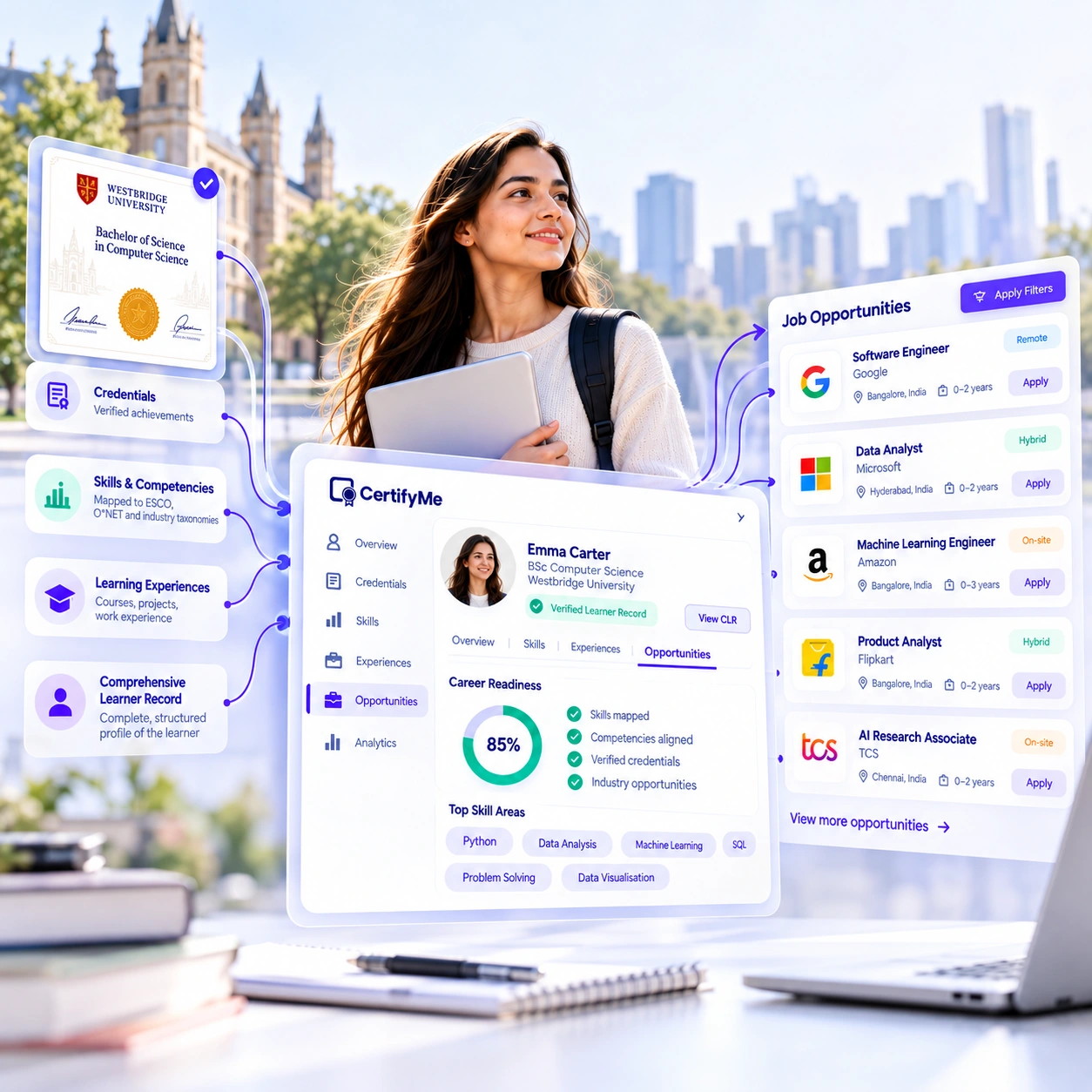 Conceptual workforce-intelligence illustration linking credentials, skills, a learner record and example opportunities; scores and job cards are illustrative.