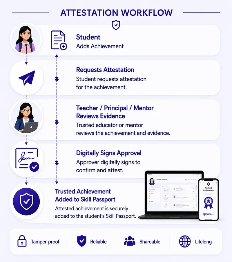 SkillStory attestation workflow showing learner evidence reviewed and digitally signed by an educator or mentor