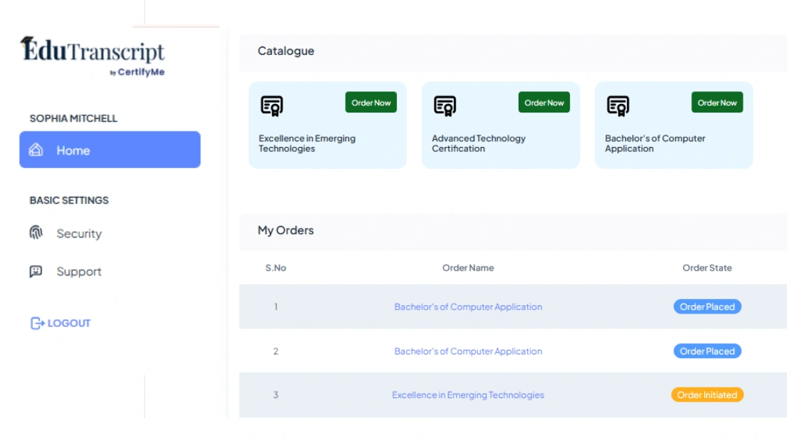 EduTranscript student portal for requesting academic transcripts